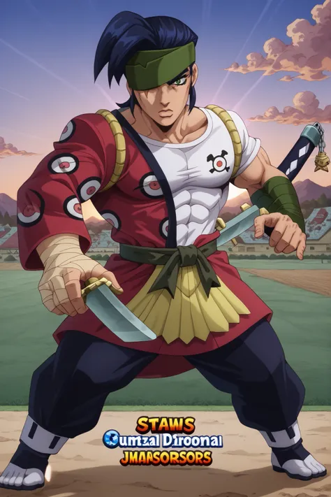 kenji, dark blue hair, Long FRINGE, bom homem, green eye bandage, eye scar, unshaven, green eyes, thick eyebrows, dark green ribbon, macho, muscular, VHS Quality, opaque cores,  low quality , Noise on the screen, detailed eyes, , detailed background, perfe...