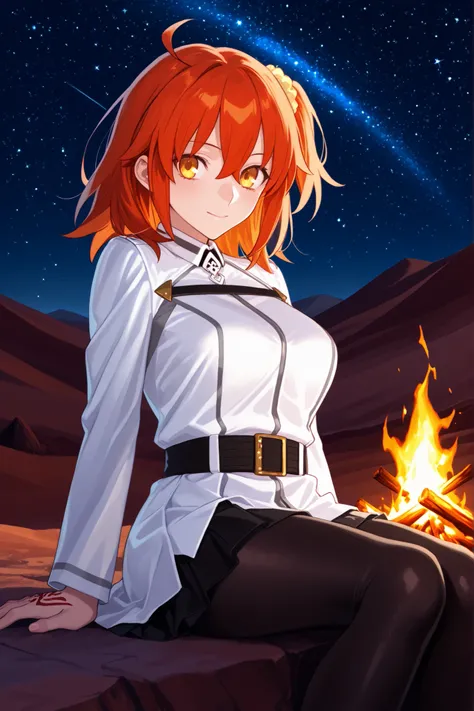 最High Quality、masterpiece、High Quality、newest、high resolution、detailed face、Beautiful painting、smooth texture、Ritsuka Fujimaru、Of war、uniform、orange hair、golden eyes、pretty eyes、mature face、pretty face、 night desert background、Detailed Background、beautiful...