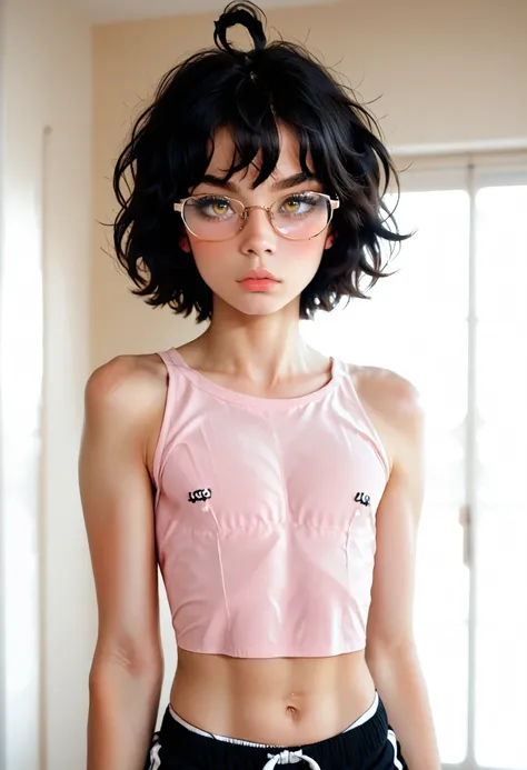 score_9, score_8_up, score_7_up, score_6_up, slim body, androgynous, loose pink crop top, flat cheast, short disheveled hair, dark blue hair, ahoge, rounded face, accurate small nose, glasses, shy, loose shorts, EZNegPONYXL, mz, yellow eyes, a feminine bod...