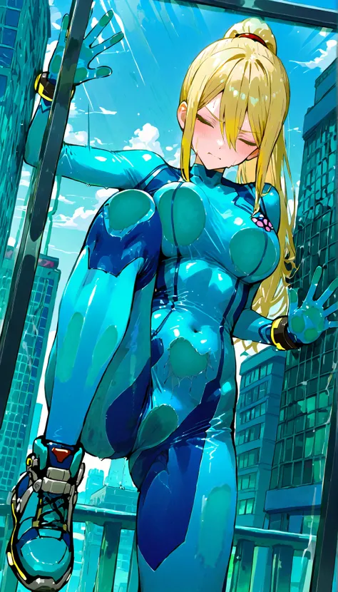 Super Smash Bros。suffering face。Zero Suit Samus。Women have blond hair。Aerial。closed eyes。Above the city。breast press。cheek press。against glass。face to knee 。spread one leg。Collapse。stuck face。solo。damage。through glass。sticking legs