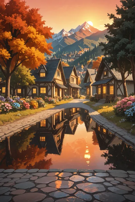 a small village by the river, mountains in the background, floral flowers colorful, detailed landscape, Beautiful natural landscapes, atmospheric lighting, scorching sunset, warm colours, practical, photopractical, Detailed Foliage, complex buildings, cobb...