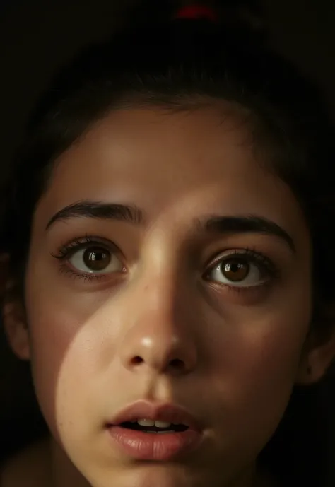 ( masterpiece , The best quality :1.2), 1 girl, Alone,pen_shadow, close up of the face, Scared, surprised, from above, Look at the viewer, pen_shadow on face, against the light