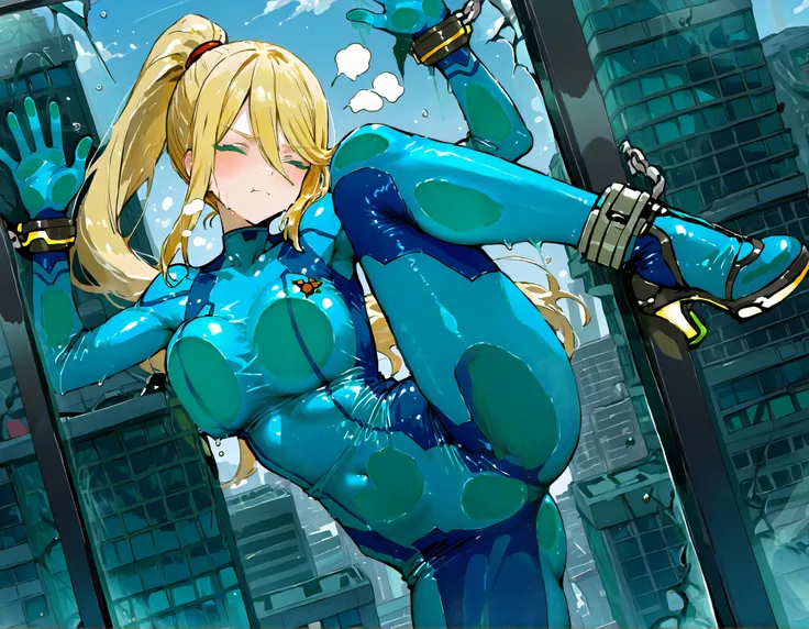 Super Smash Bros。suffering face。Zero Suit Samus。Women have blond hair。floating in the air。closed eyes。Above the city。breast press。cheek press。against glass。spread one leg。Collapse。stuck face。solo。through glass。sticking legs。spread both arms