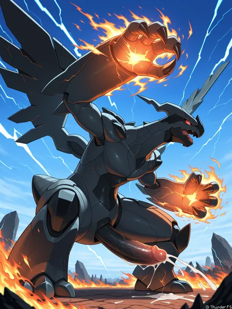 masterpiece, best quality, two zekrom , without humans, alone, basic, fire, nervous, attacker, sky, blue sky, claws, addictive , dynamic pose,(thunder fist ), big penis, cum, bottom, a distressed look