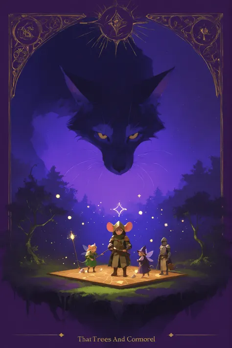 Create an image. Board Game Packaging over the game name
The board game is made similar to Dungeons & Dragons, the color scheme is blue, emerald, purple and gold, and the box depict the main characters (Wizard Cat, knight, Fairy, mouse, a traveler and witc...