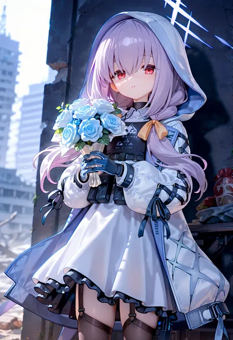 atsuko \(BLUE ARCHIVE\),Red Eyes,purple hair,Holding a cool bouquet of flowers with both hands、 The place is in ruins  。