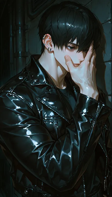 handsome, male, one male, stylish, leather jacket, streetwear, hopeless, piercings, short hair, sleek, dangerous, moody, dark alley, hand over face, contemplative, relaxed, (((muscular))), black hair, black eyes