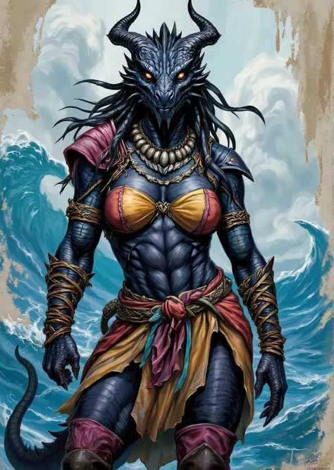 An extremely detailed comic book illustration of an extremely curvaceous Chromatic Black Dragonborn from Dungeons and Dragons which look like wingless bipedal dragons scaly bright-eyed and thick-boned with horns on their heads with a black coloration train...