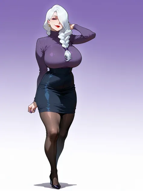 score_9_up, score_8_up, score_7_up 1girl, purple nails, mature female, Mei Mei, white hair background, long hair,  braided ponytail, front ponytail , purple eyes,  braid, hair over one eye, one eye covered, Red Lips, lipstick, squinting eyes, Looking at th...