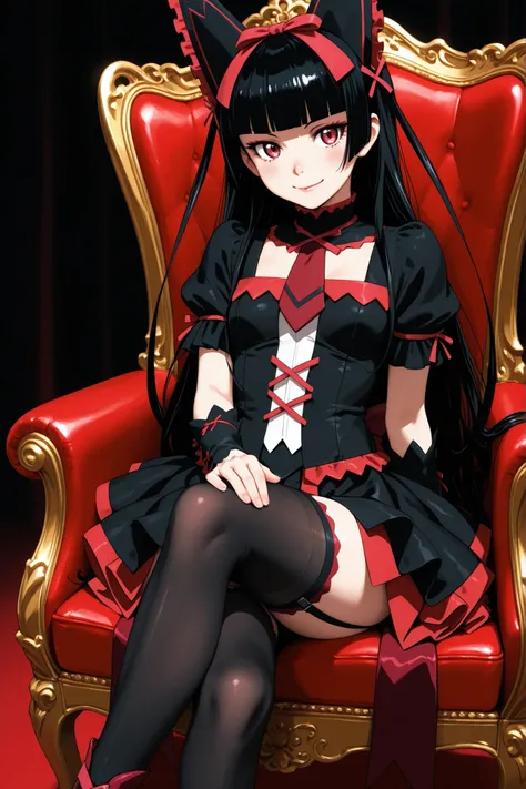 1girl, Rory Mercury, ta fashion, gothic ta, black stockings, garters, garter belt, dress, black dress, black skirt, long hair, black hair, red eyes, gentle smile, sensual pose, sitting on a golden chair, legs crossed, very attractive, NSFW
