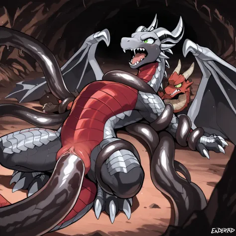 anime style, anime shading, clean lines, masterpiece, best quality, full body picture, centered, enderdragon, feral, dragon, female dragon, 1girl, single focus, long horns, wings, claws, tail, green eyes, perfect eyes, ((overlapping red chest scales)), dar...