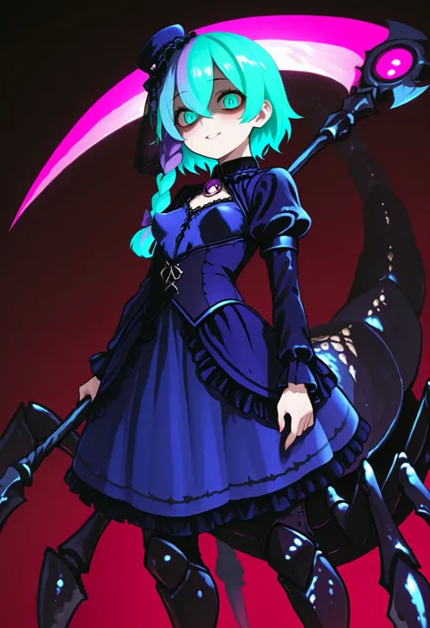 Serket. Scorpion type Arachne Girl. Lavender colored hair. Single braid. Gothic dress. Purple and blue dress. Ruffles. Lace veil. Small gothic hat. Yandere eyes. Scythe. Holding a weapon. Perky breasts. Scorpion legs. Scorpion claws. Scorpion tail. Black c...