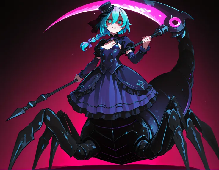 Serket. Scorpion type Arachne Girl. Lavender colored hair. Single braid. Gothic dress. Purple and blue dress. Ruffles. Lace veil. Small gothic hat. Yandere eyes. Scythe. Holding a weapon. Perky breasts. Scorpion legs. Scorpion claws. Scorpion tail. Black c...