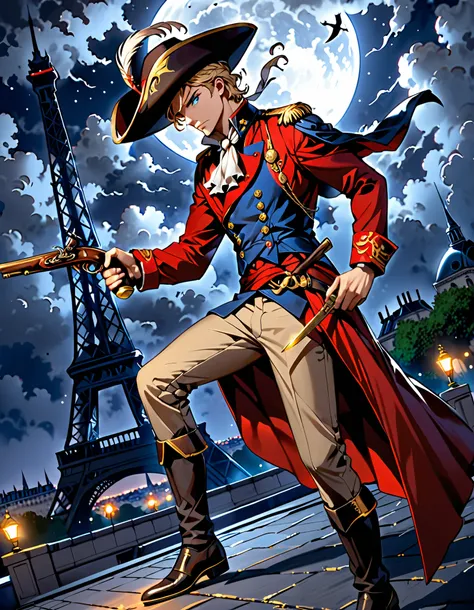 masterpiece, best quality, high res, highly detailed, 1boy, mature man, assassin, A dashing yet cold and calculated figure kneels on a rooftop in a spining position in a professional manner, ready to eliminate his target, clad in a striking blue and red mi...