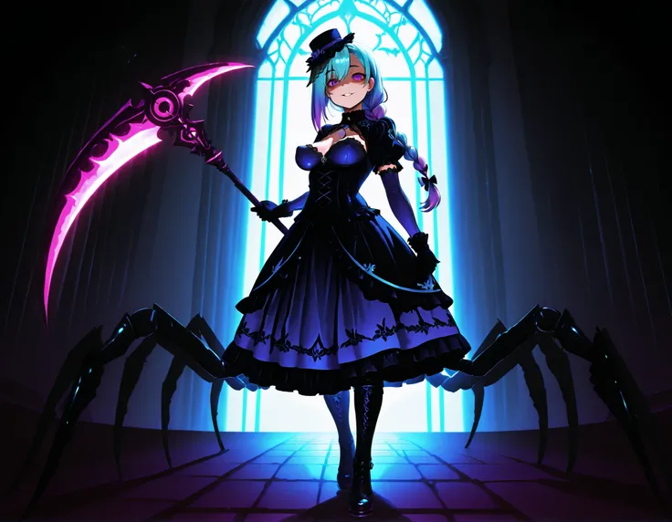 Serket. Scorpion type Arachne Girl. Lavender colored hair. Single braid. Gothic dress. Purple and blue dress. Ruffles. Lace veil. Small gothic hat. Yandere eyes. Scythe. Holding a weapon. Perky breasts. Scorpion legs. Scorpion claws. Scorpion tail. Black c...
