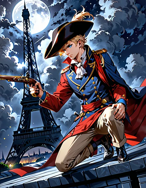 masterpiece, best quality, high res, highly detailed, 1boy, mature man, assassin, A dashing yet cold and calculated figure kneels on a rooftop in a spining position in a professional manner, ready to eliminate his target, clad in a striking blue and red mi...