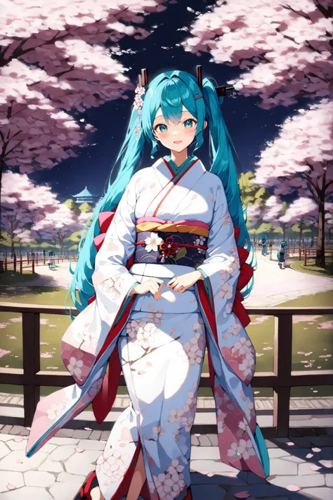 (hatsune miku:1.4), (gorgeous kimono, cherry blossom patterned, cherry blossom colored:1.4), (cherry blossom japanese hairpin:1.4), (cherry blossom park, under cherry blossom:1.4), (midnight:1.4), cherry blossom viewing