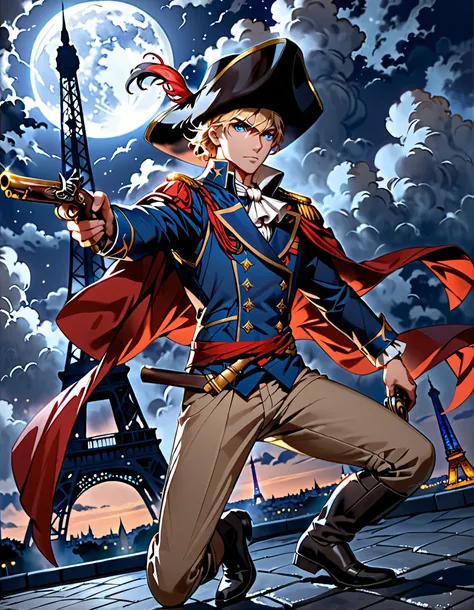 masterpiece, best quality, high res, highly detailed, 1boy, mature man, assassin, A dashing yet cold and calculated figure kneels on a rooftop in a spining position in a professional manner, ready to eliminate his target, clad in a striking blue and red mi...