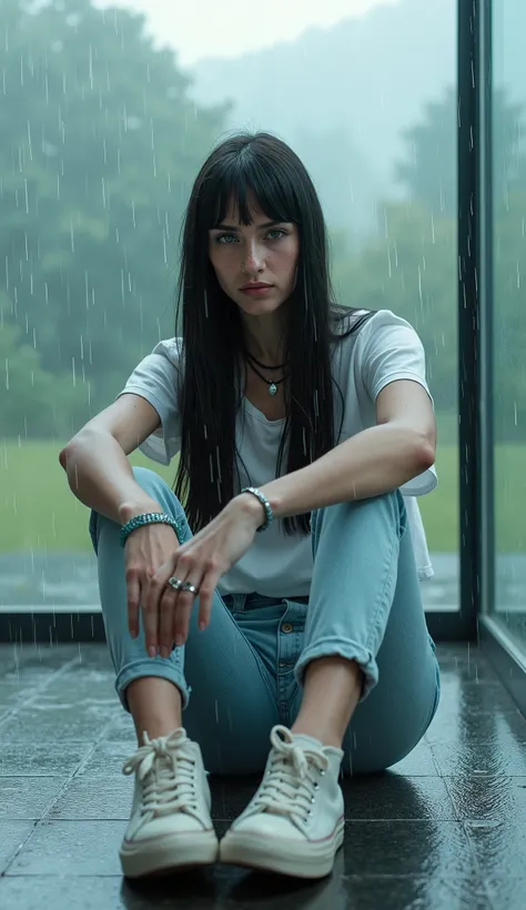 A highly realistic photo of Alina Winter, an 18-year-old Middle European white woman, sitting on a simple plastic chair inside a small, one-room glass house with a glass roof and glass walls. It's daytime, and heavy rain pours outside, streaking down the g...