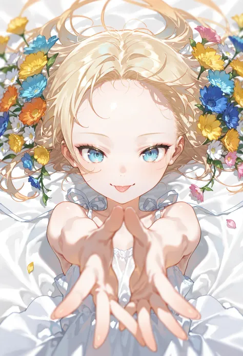 {{{masterpiece}}}, {{{best quality}}}, {{ultra detail}}, {illustrations}, {{very delicate and beautiful}},1girl,,,very long blonde hair,blue eyes,pale skin,detailed beautiful eyes,(small eyes:1.1),(forehead:1.2),messy hair,,A garden filled with beautiful f...