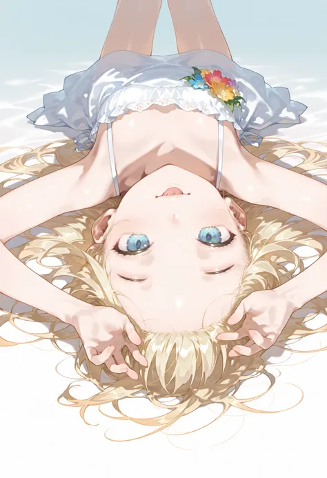 {{{masterpiece}}}, {{{best quality}}}, {{ultra detail}}, {illustrations}, {{very delicate and beautiful}},1girl,,,very long blonde hair,blue eyes,pale skin,detailed beautiful eyes,(small eyes:1.1),(forehead:1.2),messy hair,,A garden filled with beautiful f...