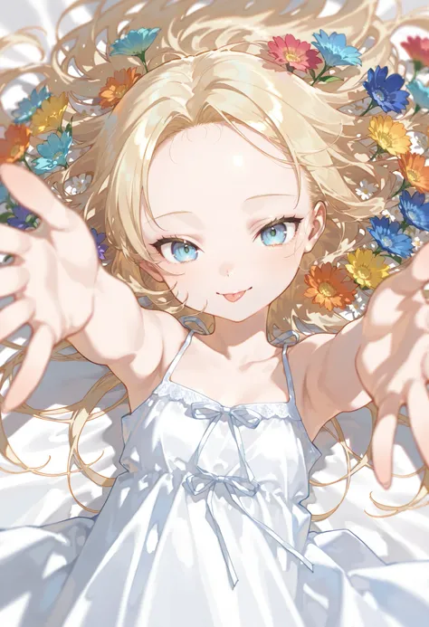 {{{masterpiece}}}, {{{best quality}}}, {{ultra detail}}, {illustrations}, {{very delicate and beautiful}},1girl,,,very long blonde hair,blue eyes,pale skin,detailed beautiful eyes,(small eyes:1.1),(forehead:1.2),messy hair,,A garden filled with beautiful f...