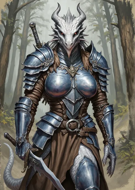 An extremely detailed comic book illustration of an extremely curvaceous Chromatic White Dragonborn from Dungeons and Dragons which look like wingless bipedal dragons scaly bright-eyed and thick-boned with horns on their heads with white coloration trained...