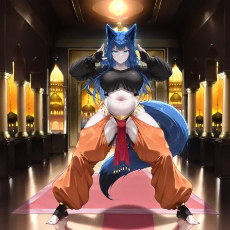  1girl, solo, fox ears, fox tail, blue hair, long hair, beautiful face, blue eyes, pale skin, oppai, navel, baggy sweatshirt, (fitness thong, pelvic curtain:1.3), (black large pants, oversized pants, belly dance harem pants, h4r3mp4n75, long to the heel:1....