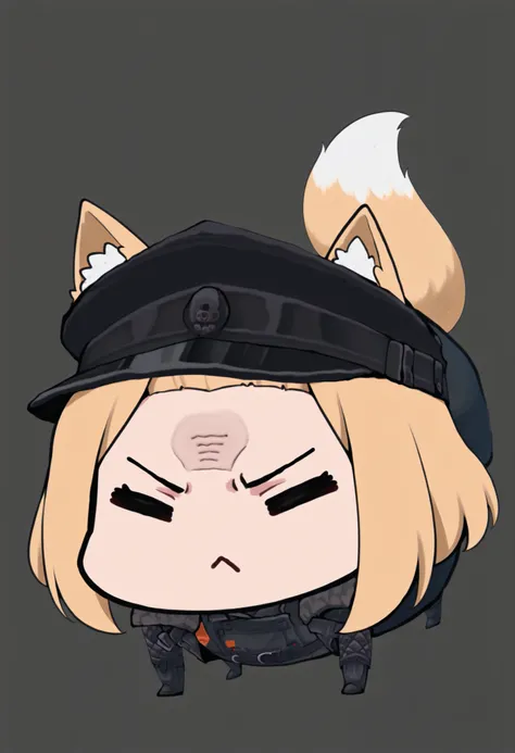 masterpiece, best quality, 1girl, solo, ((testgirl)),  animal ears, fox tail, black cap, black clothes,  blond, chibi, dot eyes, ((angry pose, angry)), simple gray background, white background, (bare forehead), ((shaved temples:1.3))