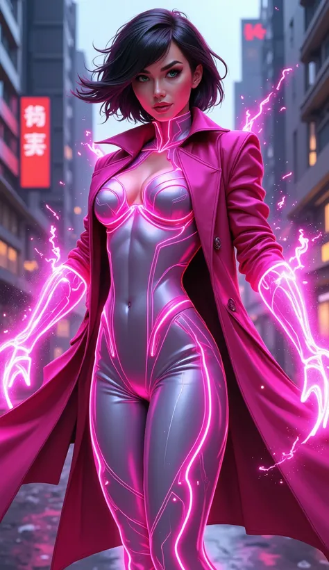 Jubalee, a striking character in a fluid illustration style, embodies the essence of a female superhero. Her powers are vividly showcased as she strikes a dynamic action pose, clad in a cool long trench coat and armor costume made of plasma. The fluidity o...