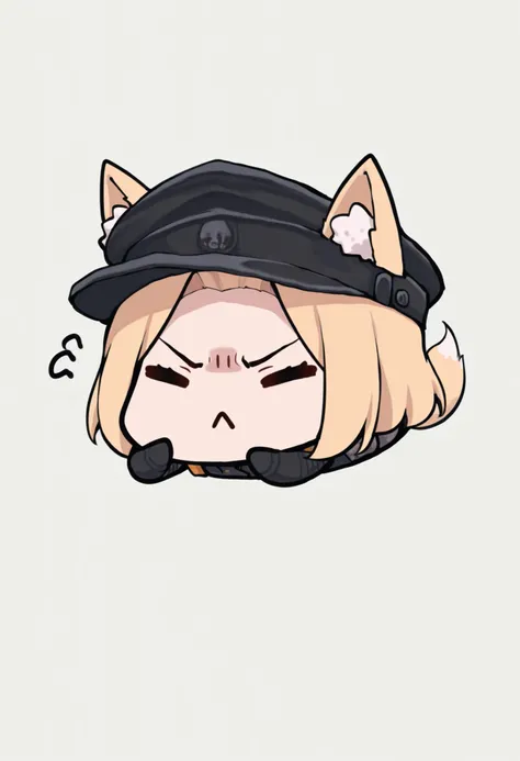 masterpiece, best quality, 1girl, solo, ((testgirl)),  animal ears, fox tail, black cap, black clothes,  blond, chibi, dot eyes, ((angry pose, angry)), simple gray background, white background, (bare forehead), ((shaved temples:1.3))