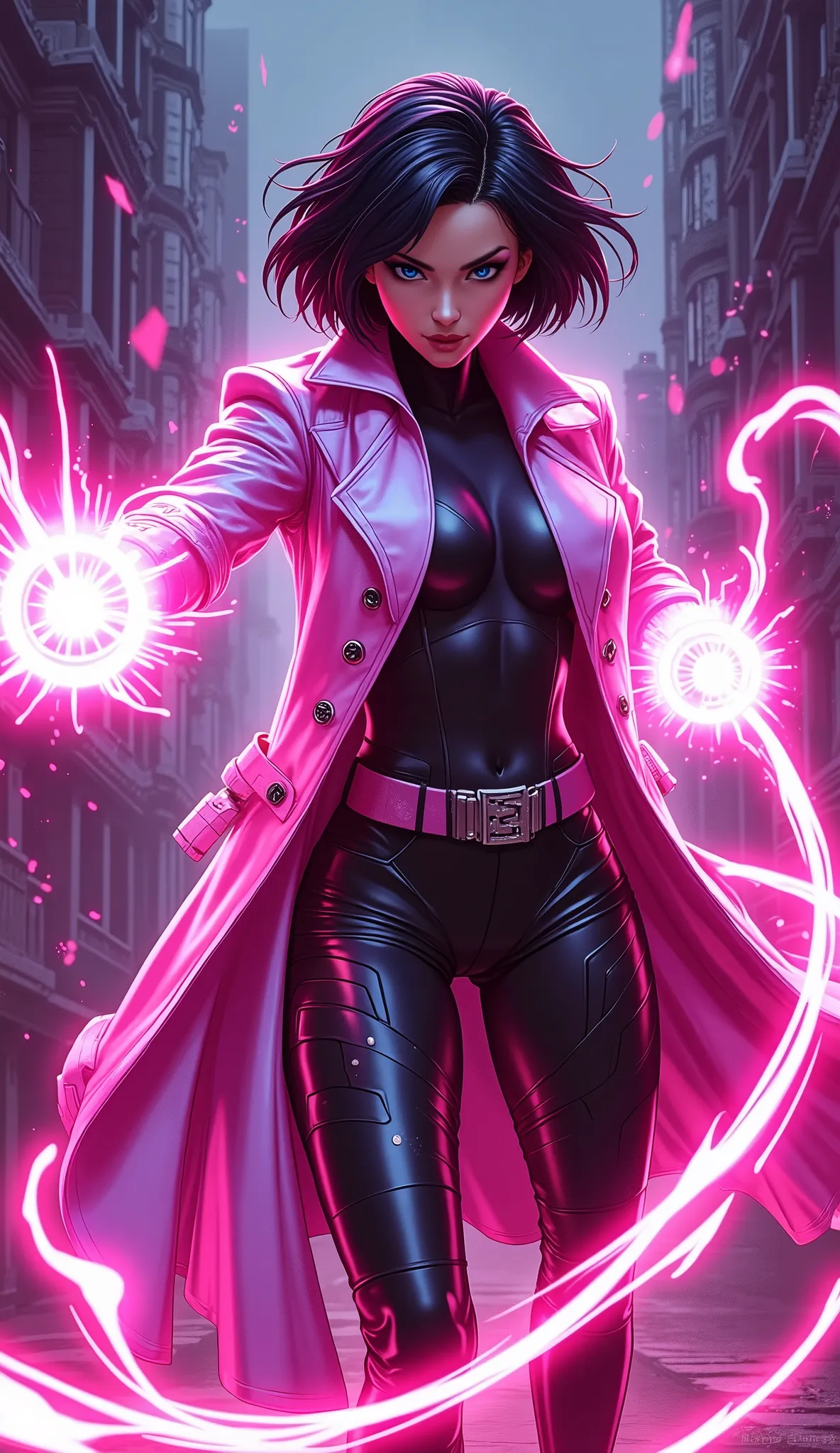 Jubalee, a striking character in a fluid illustration style, embodies the essence of a female superhero. Her powers are vividly showcased as she strikes a dynamic action pose, clad in a cool long trench coat and armor costume made of plasma. The fluidity o...