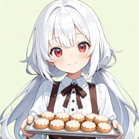 masterpiece, best quality, highres, illustration, anime art style, 1girl, solo, cute bakery girl, long white hair, vibrant red eyes, cheerful smile, looking at viewer, wearing cute baker outfit, holding a tray filled with small pastries (cookies or cupcake...