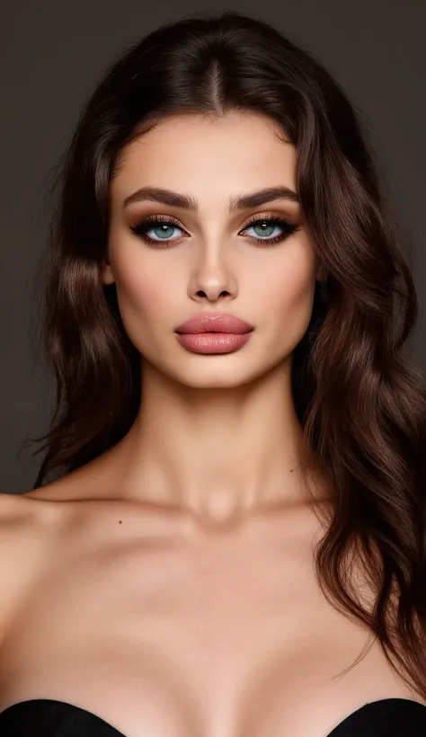 A blend between Aletta_Ocean and Taylor_Hill face, bust portrait, beautiful young woman, photorealistic, detailed facial features, piercing blue eyes, full and plump lips, flawless skin, dramatic makeup, wavy brown hair, confident and seductive expression,...