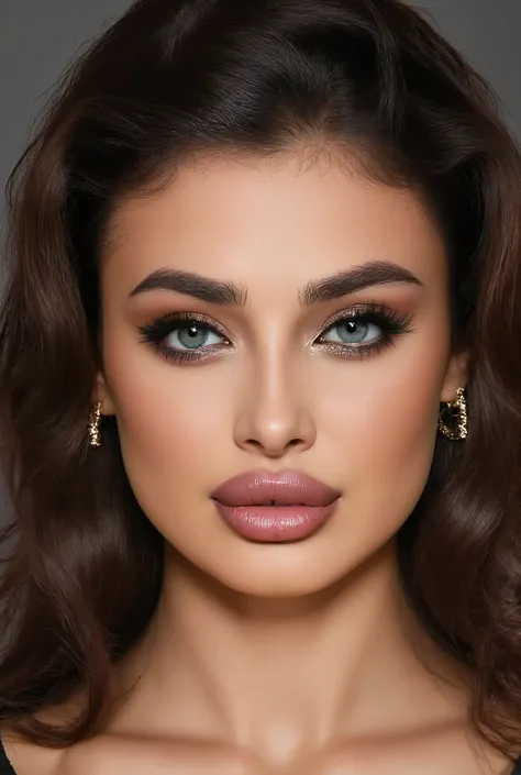 A blend between Aletta_Ocean and Taylor_Hill face, bust portrait, beautiful young woman, photorealistic, detailed facial features, piercing blue eyes, full and plump lips, flawless skin, dramatic makeup, wavy brown hair, confident and seductive expression,...