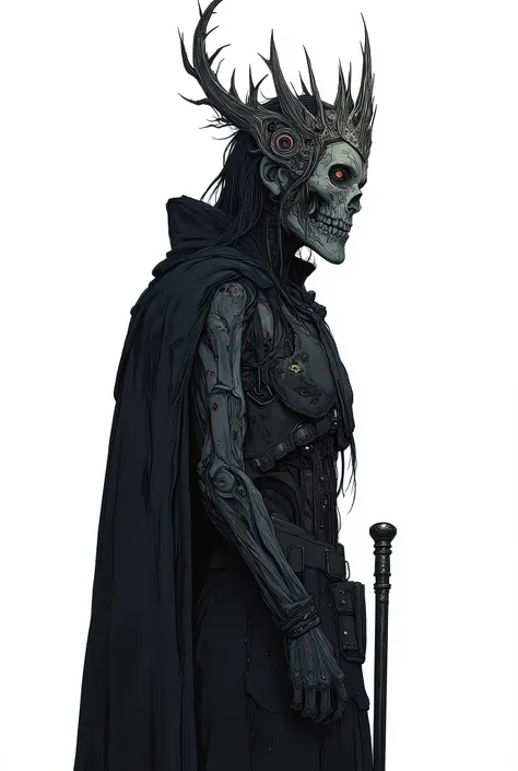 Mysterious and majestic, the letters , Intricate skeletal armor with engraved patterns, Splendid crown with eye motifs, Swing a large cane, Standing, Rear View, Creepy Atmosphere, minimal white background, Strong contrast , Dark and ethereal atmosphere