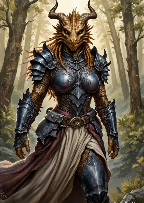 An extremely detailed comic book illustration of an extremely curvaceous Metallic Bronze Dragonborn from Dungeons and Dragons which look like wingless bipedal dragons scaly bright-eyed and thick-boned with horns on their heads with bronze coloration traine...
