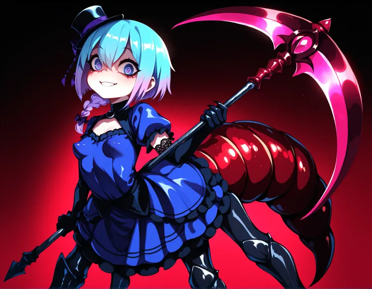 Serket. Scorpion type Arachne Girl. Lavender colored hair. Single braid. Gothic dress. Purple and blue dress. Ruffles. Lace veil. Small gothic hat. Yandere eyes. Scythe. Holding a weapon. Perky breasts. Scorpion legs. Scorpion claws. Scorpion tail. Black c...