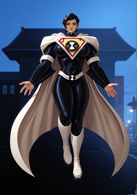  detailed,beautiful face,detailed background,detailed face,4k,HD,8k,highres,antialiasing,detailed,texture BREAK SupergirlSC,1girl,short hair,big breasts,black hair,thighs,cape,bodysuit,covered navel,solo,thick thighs,skin tight,mature female,white cape,sup...