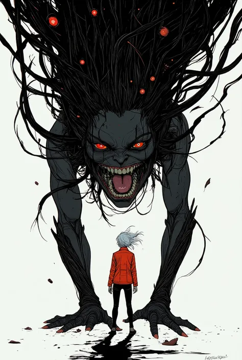 teeth、emphasizes the characteristics of dark creatures with many eyes and mouths looming over a slender figure with white hair and a red jacket。, standing with a slightly rounded back, Surreal and eerie atmosphere, black and white bold red accents, simple ...