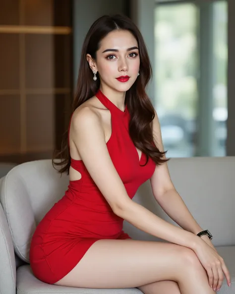 A full body photo of a 30-year-old beauty and cute muscle plump thai woman with long straight brown hair, beautiful detailed brown eyes, perfectly shaped curved thin eyebrows , seductive smile , full legs, swan earrings, watch , lips is dark pink by lipsti...