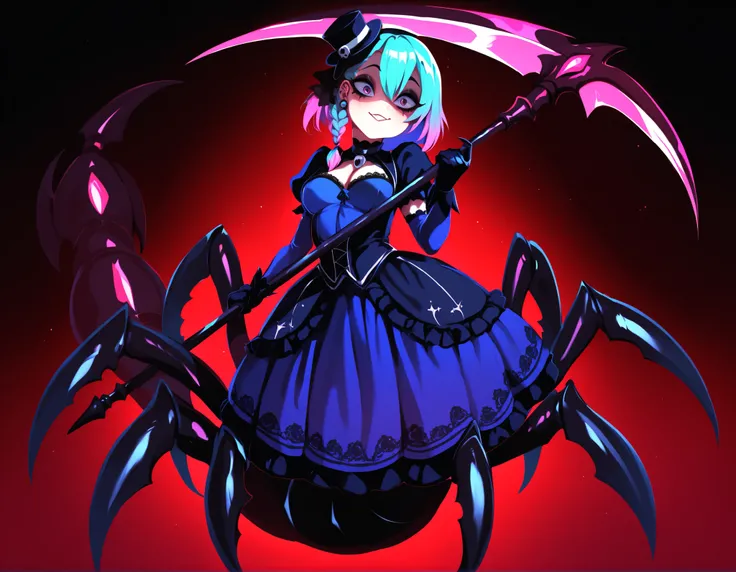 Serket. Scorpion type Arachne Girl. Lavender colored hair. Single braid. Gothic dress. Purple and blue dress. Ruffles. Lace veil. Small gothic hat. Yandere eyes. Scythe. Holding a weapon. Perky breasts. Scorpion legs. Scorpion Cancer's Claw. Scorpion tail....