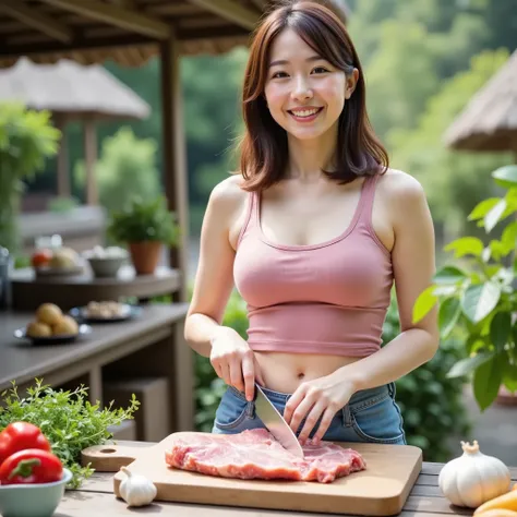 『one Japanese girl:1.3』『real photo:1.3』best quality:1.aggy big breasts、 narrow waist :1.9))、with slight cleavage、((40 year old woman))、Beautifully shaped belly button 、unadorned『smiling showing her teeth:1.9』、(((is anatomically correct、perfect anatomy、is a...