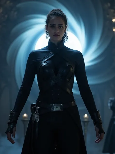 sith lady. shiny black suit. piercing bright light blue eyes.