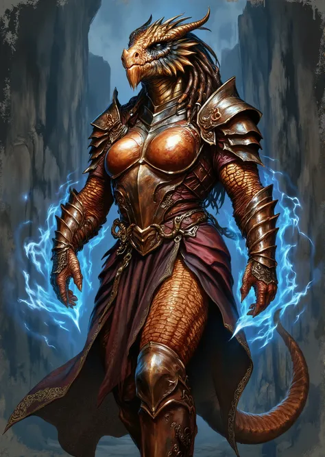 An extremely detailed comic book illustration of an extremely curvaceous Metallic Copper Dragonborn from Dungeons and Dragons which look like wingless bipedal dragons scaly bright-eyed and thick-boned with horns on their heads with a copper coloration trai...