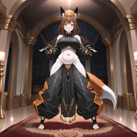  1girl, solo, fox ears, fox tail, brown hair, long hair, beautiful face, orange eyes, pale skin, oppai, navel, baggy sweatshirt, (fitness thong, pelvic curtain:1.3), (black large pants, oversized pants, belly dance harem pants, h4r3mp4n75, long to the heel...