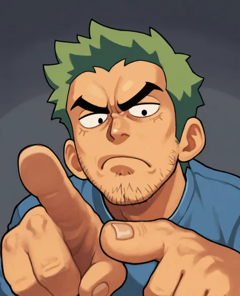 (best quality), close up of 1man pointing finger at viewer from up to down angle, green hair, stubble, grumpy, handsome