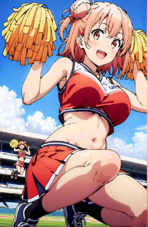Yuigahama Yui , short hair, brown eyes, Picnic, hair bun, single hair bun,smile,blush,and open the mouth,Big Breasts,under boob,(cheerleading), (full body), on chest, (sweated), sweated Wet Clothes, (Red clothing),sleeveless, pleated skirt,black socks,sn...