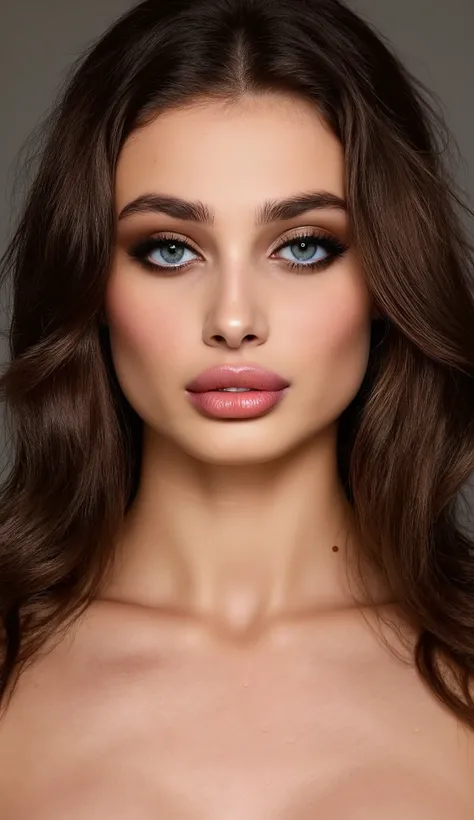 A blend between Aletta_Ocean and Taylor_Hill face, bust portrait, beautiful young woman, photorealistic, detailed facial features, piercing blue eyes, full and plump lips, flawless skin, dramatic makeup, wavy brown hair, confident and seductive expression,...