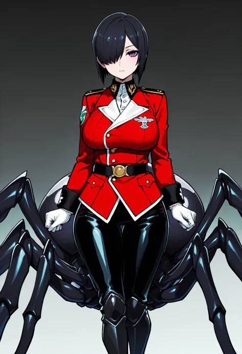 Arachne Girl. Military uniform. Black hair. Straight hair. Short hair. One eye covered. Sexy gaze. Gloves. Spider legs. Phosphorescent spider. Whip. Pert breasts. Multiple legs.